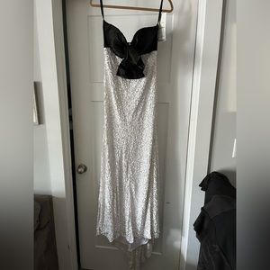Primavera Floor Length Sequin Oversized Bow Black and White Dress Train